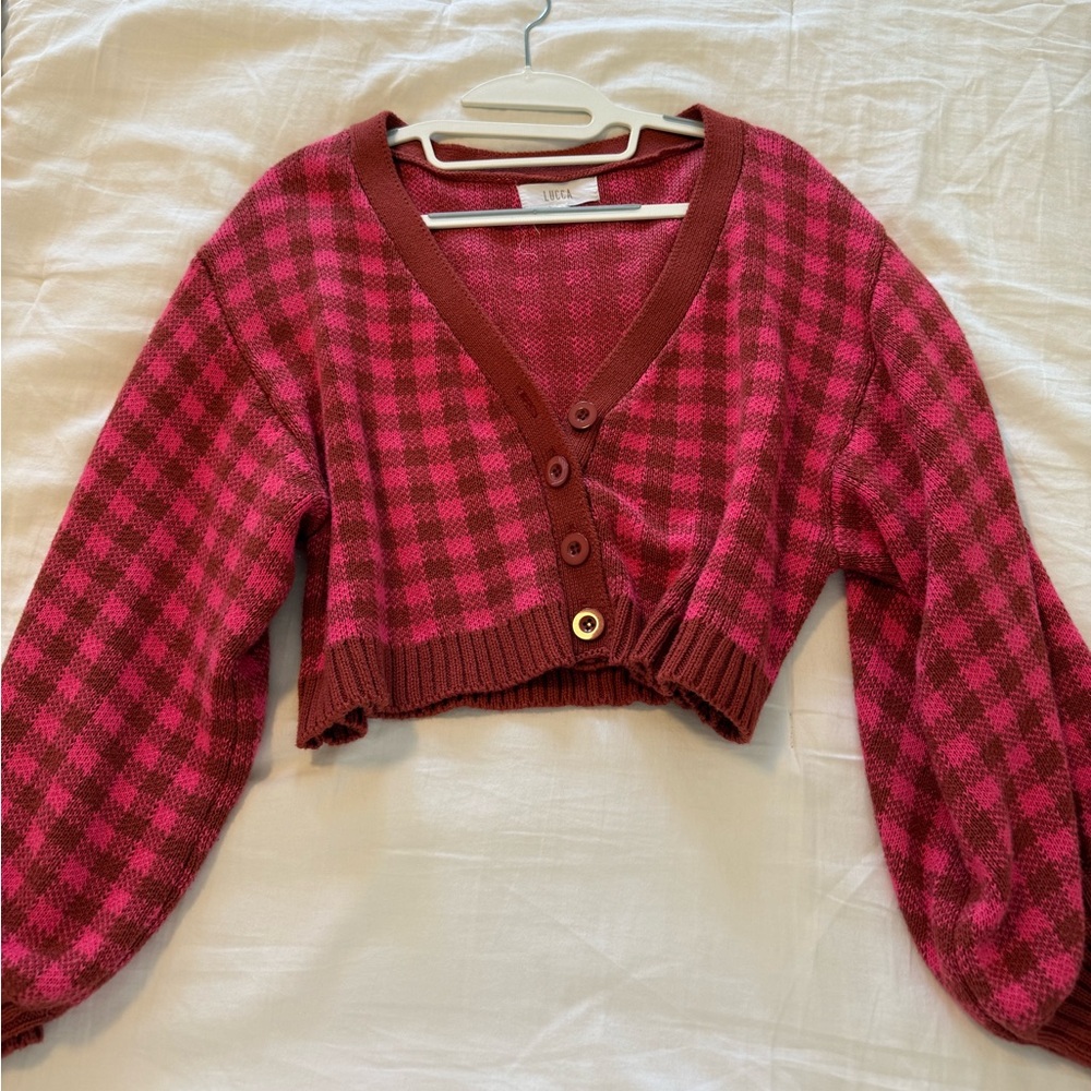 Pink and maroon cropped cardigan